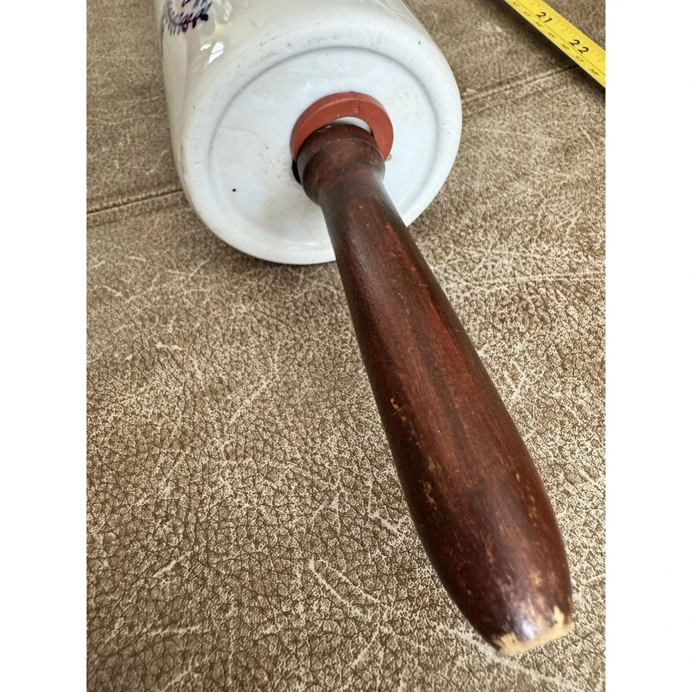 Roller Pin Blue White Glazed Stoneware Wood Handles 19-20